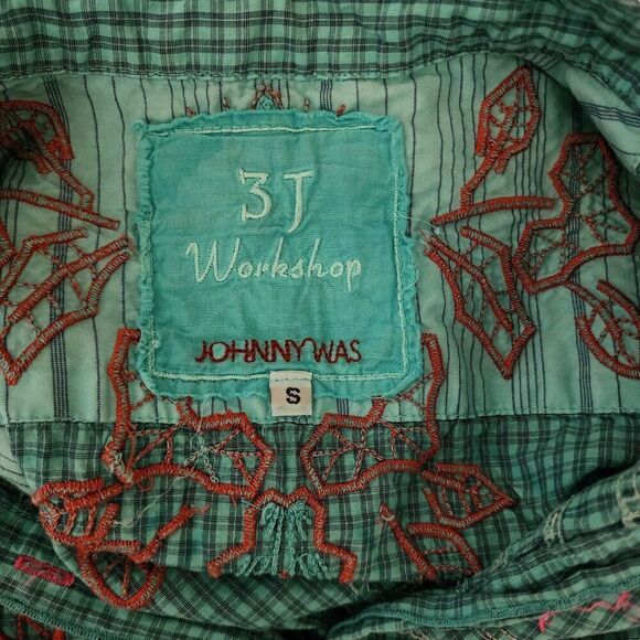 Johnny Was 3J Workshop Plaid Button Down Embroidered Shirt Womens Size S Blue - Picture 5 of 6